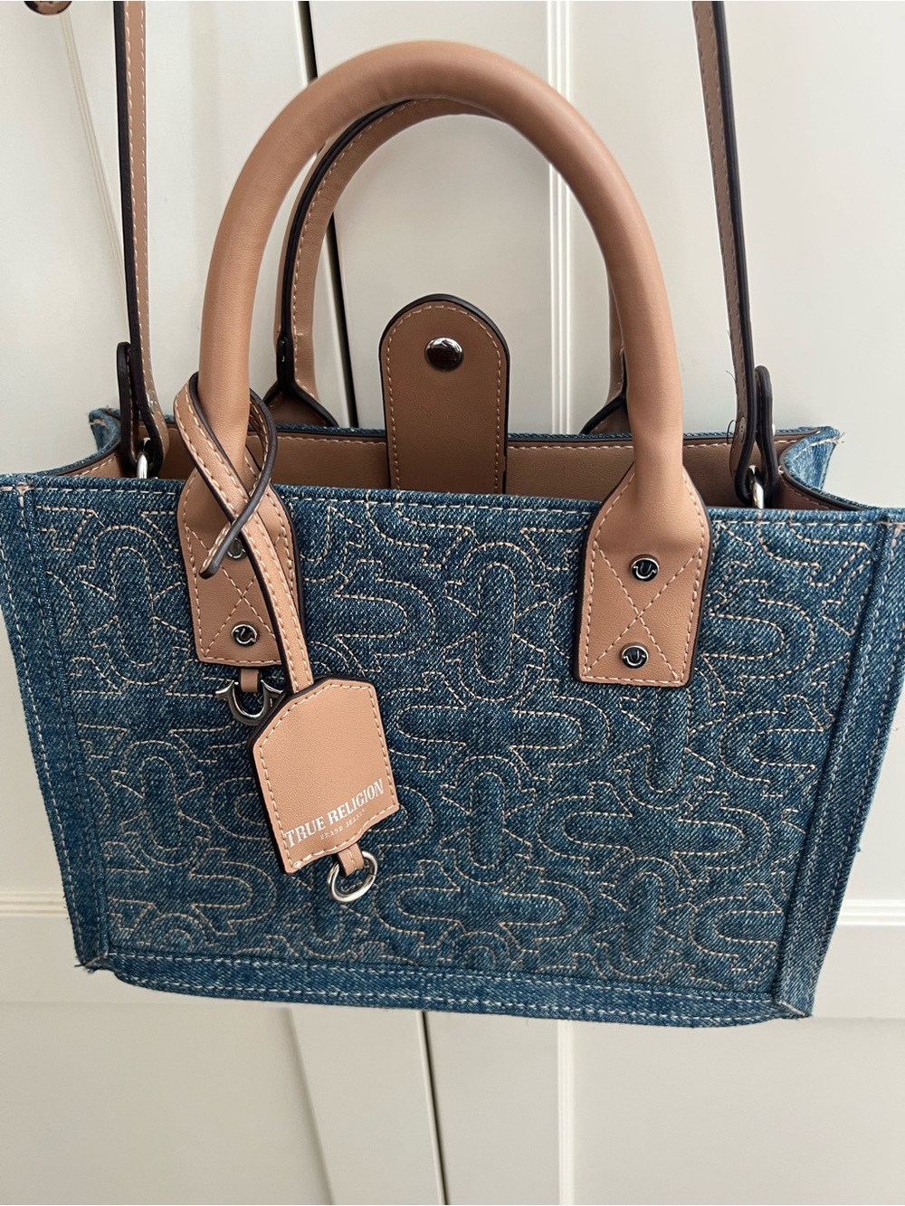 True Religion Blue Denim Tote with Tan Vegan Leather Handles